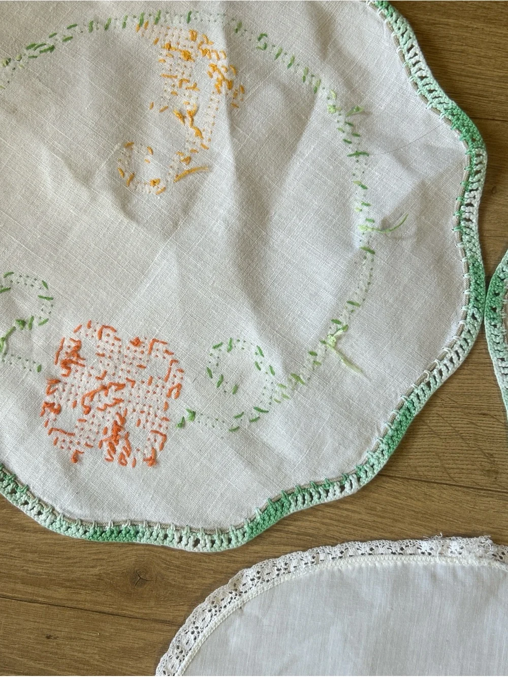 Embroidered Linen Doilies Set in White with Orange & Green Accents
